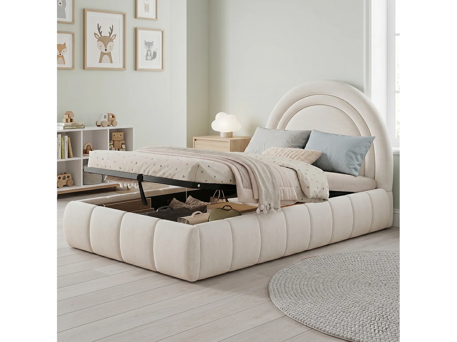 Lit coffre rembourré enfant - 90 x 200 cm - avec rangement hydraulique + tête de lit - velours - beige