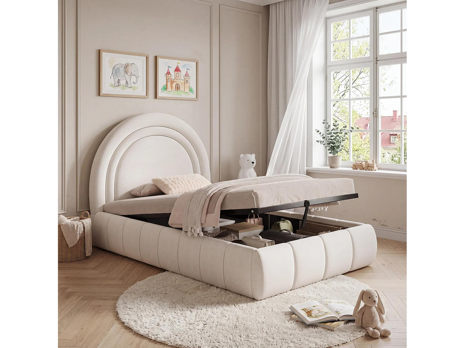 Lit coffre rembourré enfant - 90 x 200 cm - avec rangement hydraulique + tête de lit - velours - beige