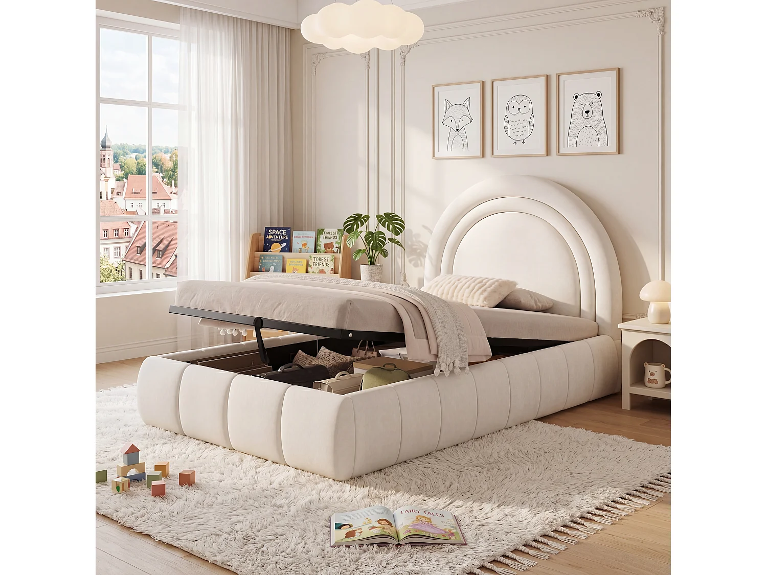 Lit coffre rembourré enfant - 90 x 200 cm - avec rangement hydraulique + tête de lit - velours - beige