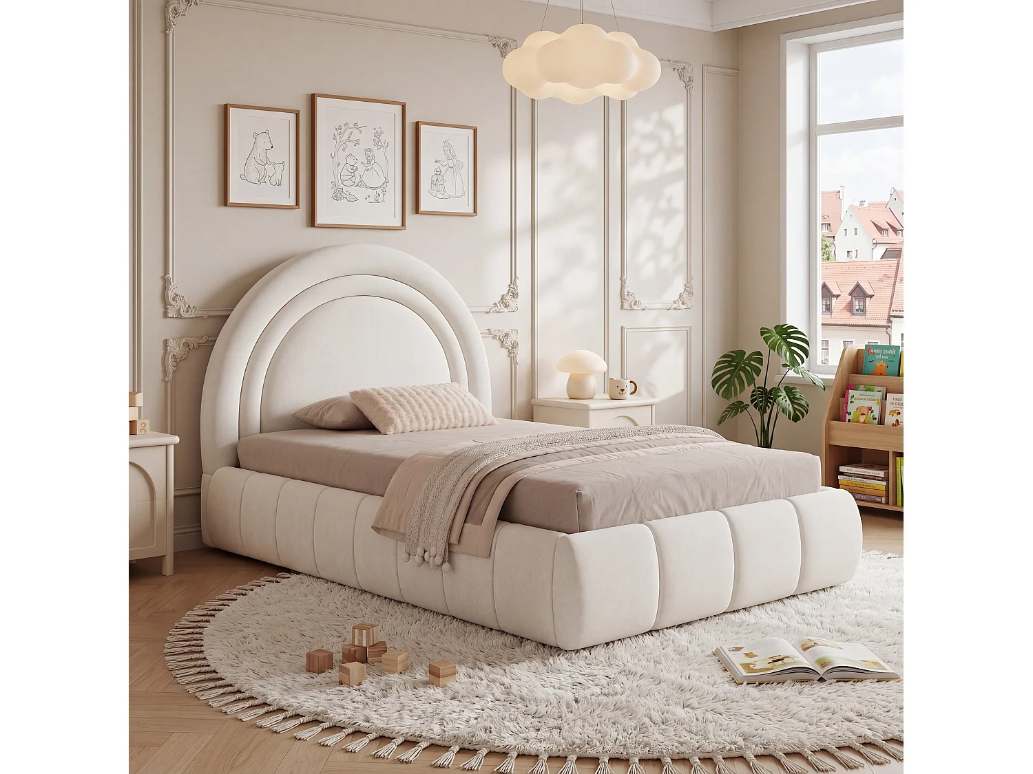 Lit coffre rembourré enfant - 90 x 200 cm - avec rangement hydraulique + tête de lit - velours - beige