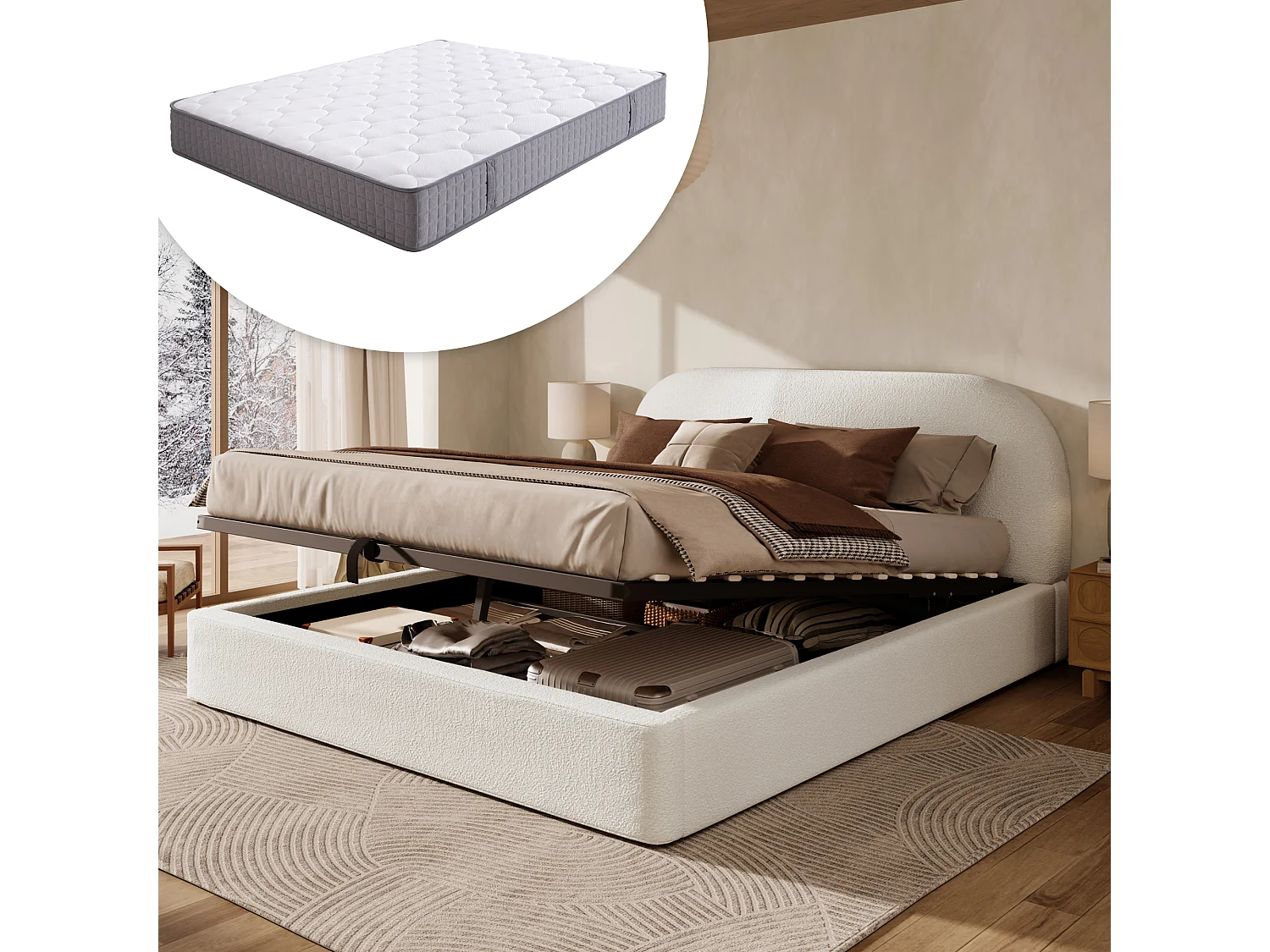 Gepolstertes hydraulisches Stauraumbett - 180 x 200 cm - mit Lattenrost + Kopfteil - Schlingenstoff - beige (mit Matratze)