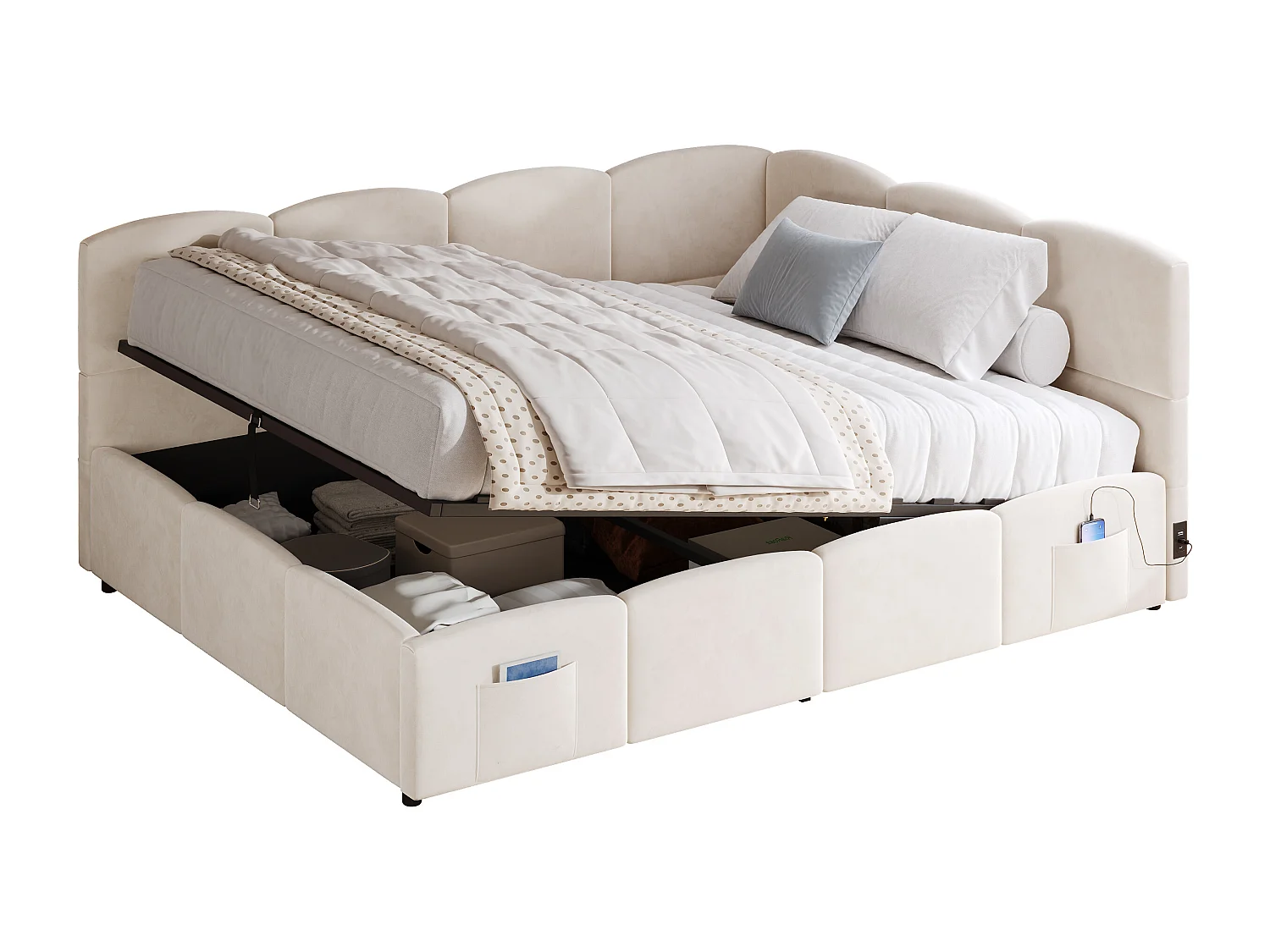 Lit coffre rembourré enfant - 140 x 190 cm - avec sommier à lattes + USB + tête de lit L - velours - beige