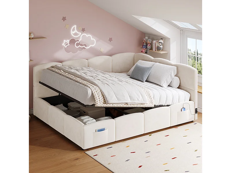 Lit coffre rembourré enfant - 140 x 190 cm - avec sommier à lattes + USB + tête de lit L - velours - beige
