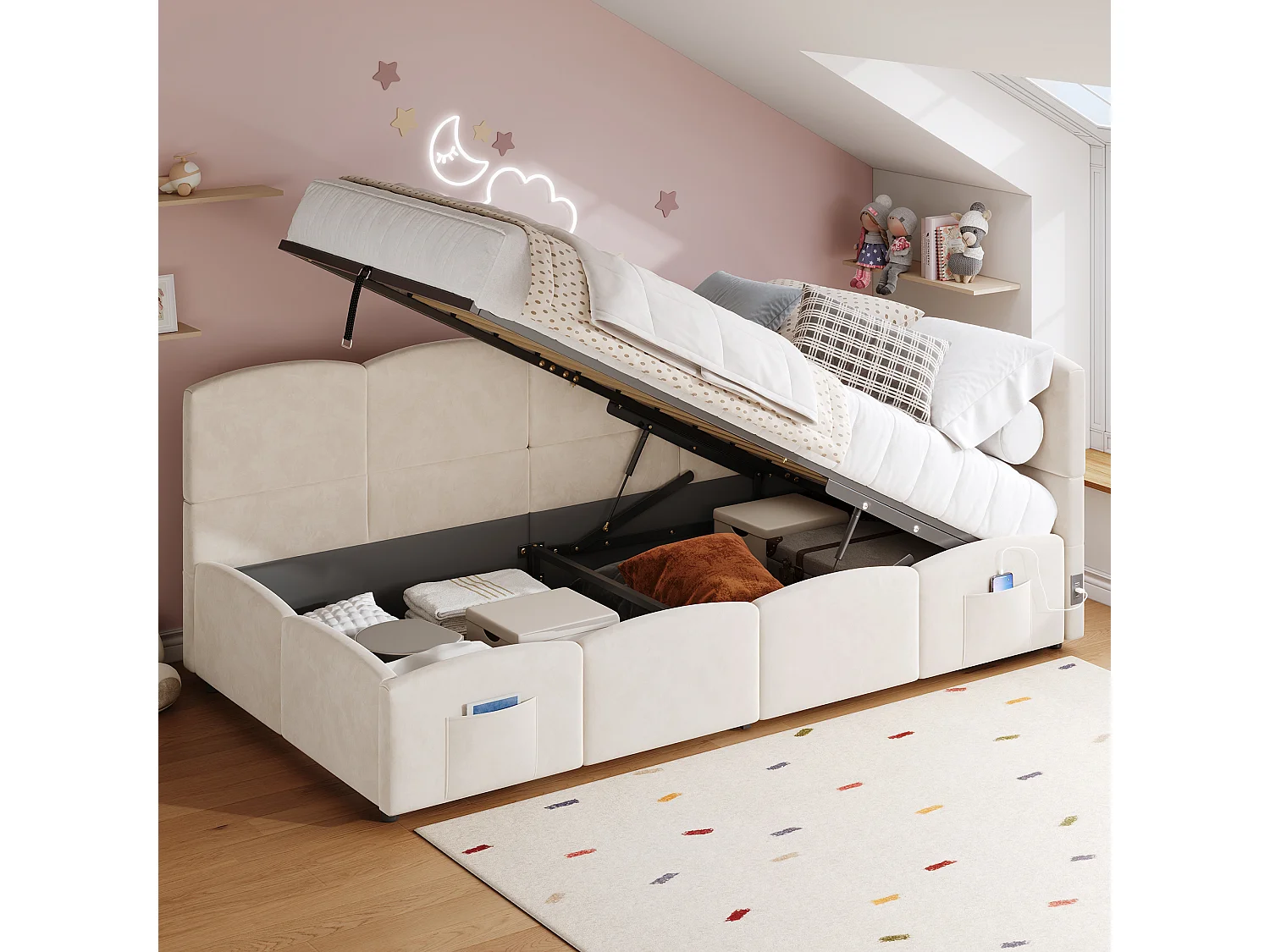 Lit coffre rembourré enfant - 90 x 190 cm - avec sommier à lattes + USB + tête de lit L - velours - beige