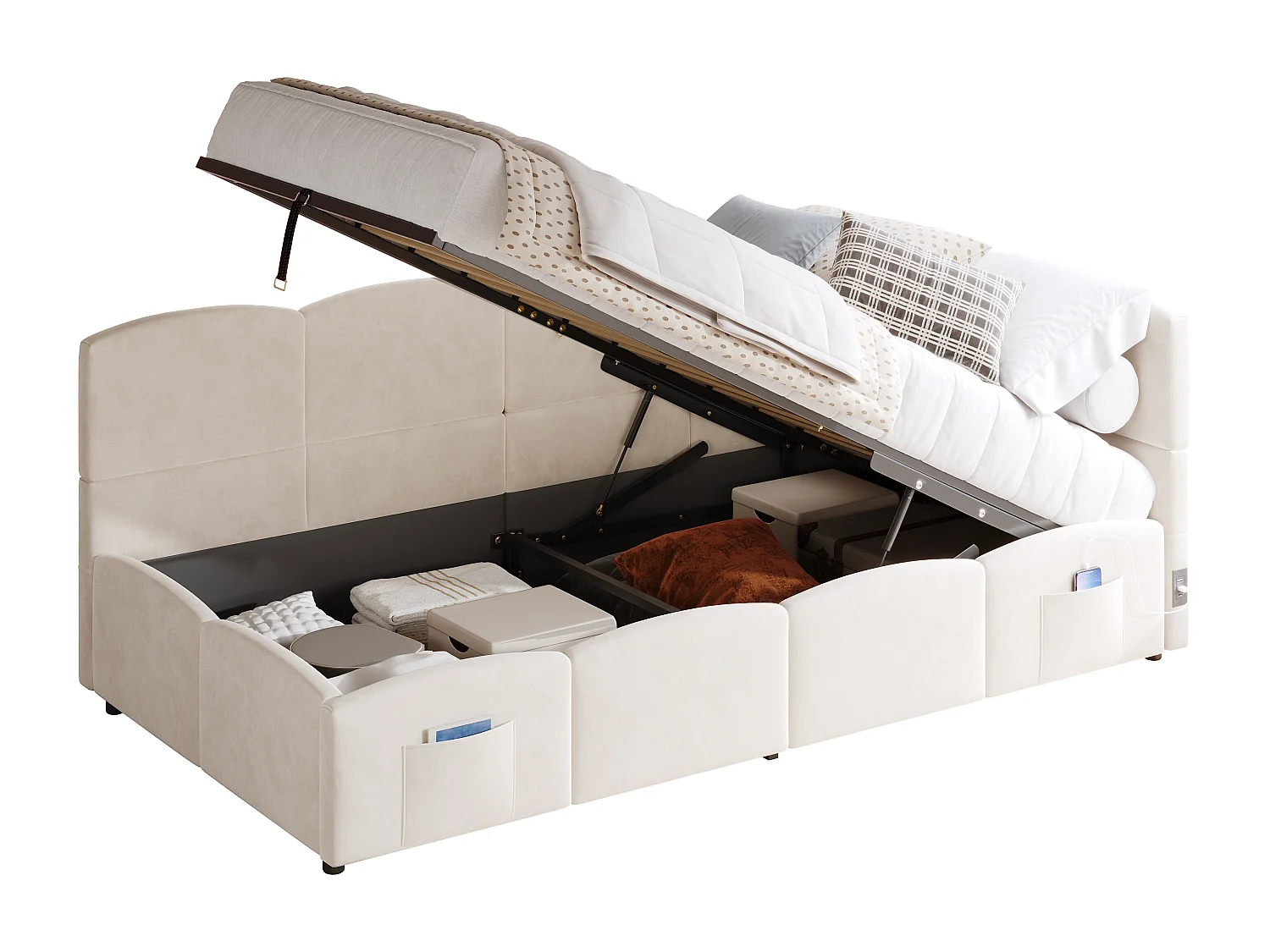 Lit coffre rembourré enfant - 90 x 190 cm - avec sommier à lattes + USB + tête de lit L - velours - beige