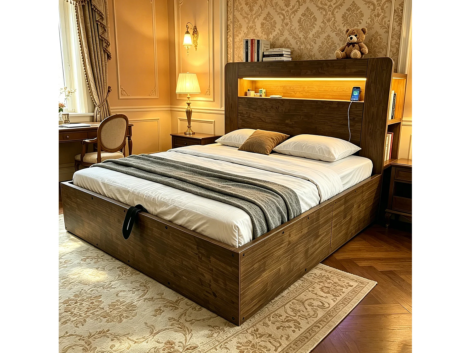 Hydraulisches Stauraumbett aus Holz – 140 x 200 cm – mit Stauraum im Kopfteil, LED-Beleuchtung und Steckdosen – Natur