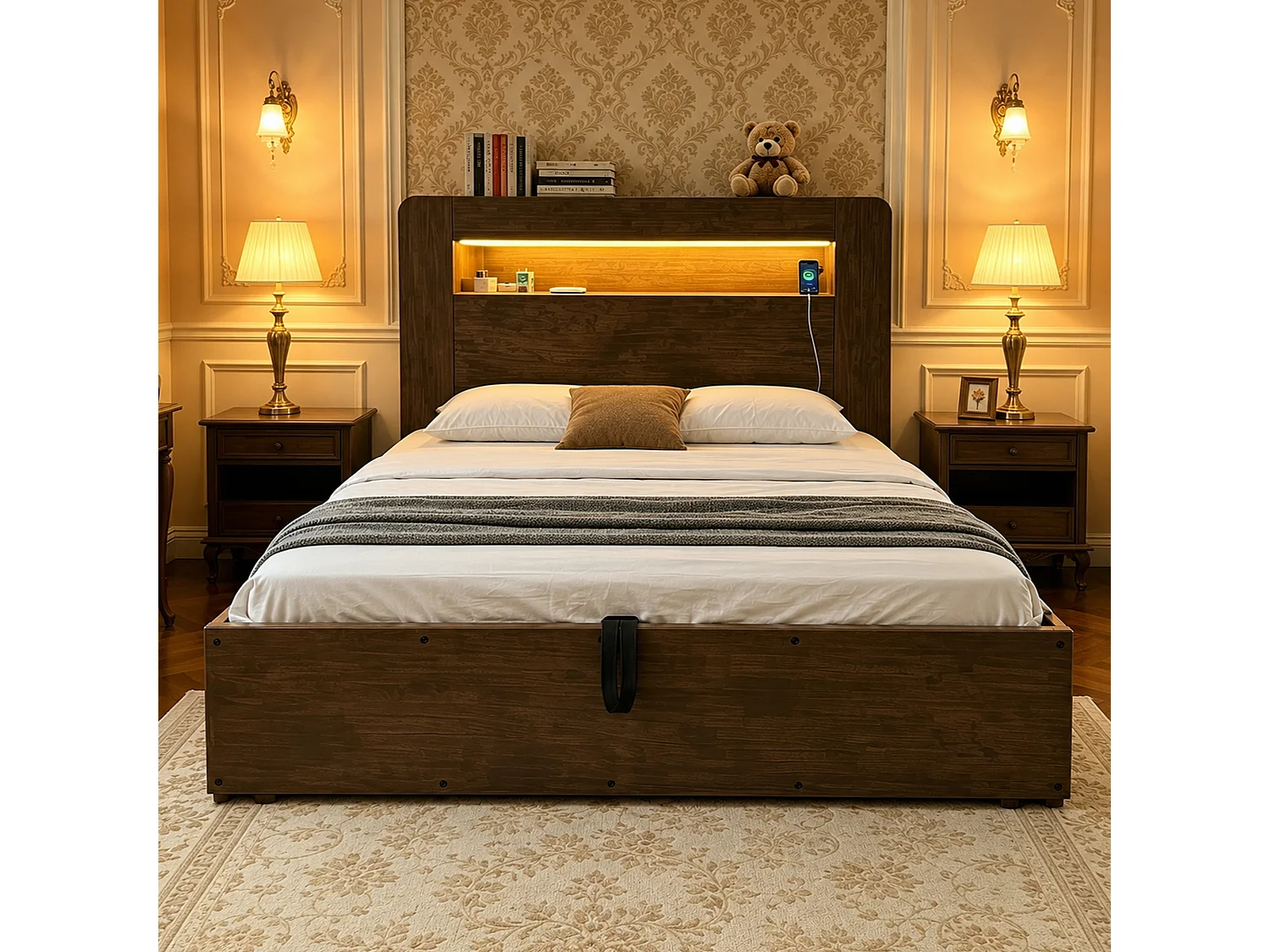 Hydraulisches Stauraumbett aus Holz – 140 x 200 cm – mit Stauraum im Kopfteil, LED-Beleuchtung und Steckdosen – Natur