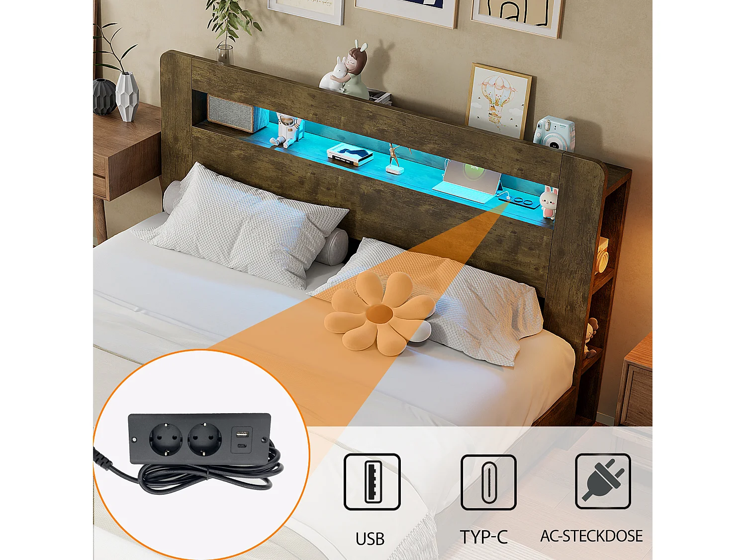 Hydraulisches Stauraumbett aus Holz – 140 x 200 cm – mit Stauraum im Kopfteil, LED-Beleuchtung und Steckdosen – Natur