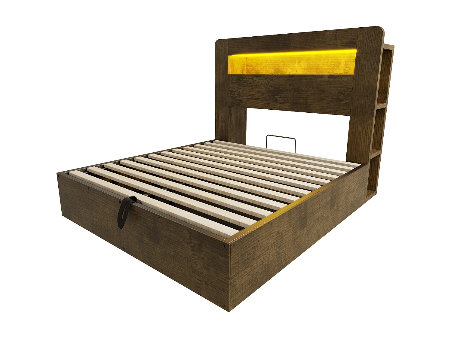 Hydraulisches Stauraumbett aus Holz – 140 x 200 cm – mit Stauraum im Kopfteil, LED-Beleuchtung und Steckdosen – Natur