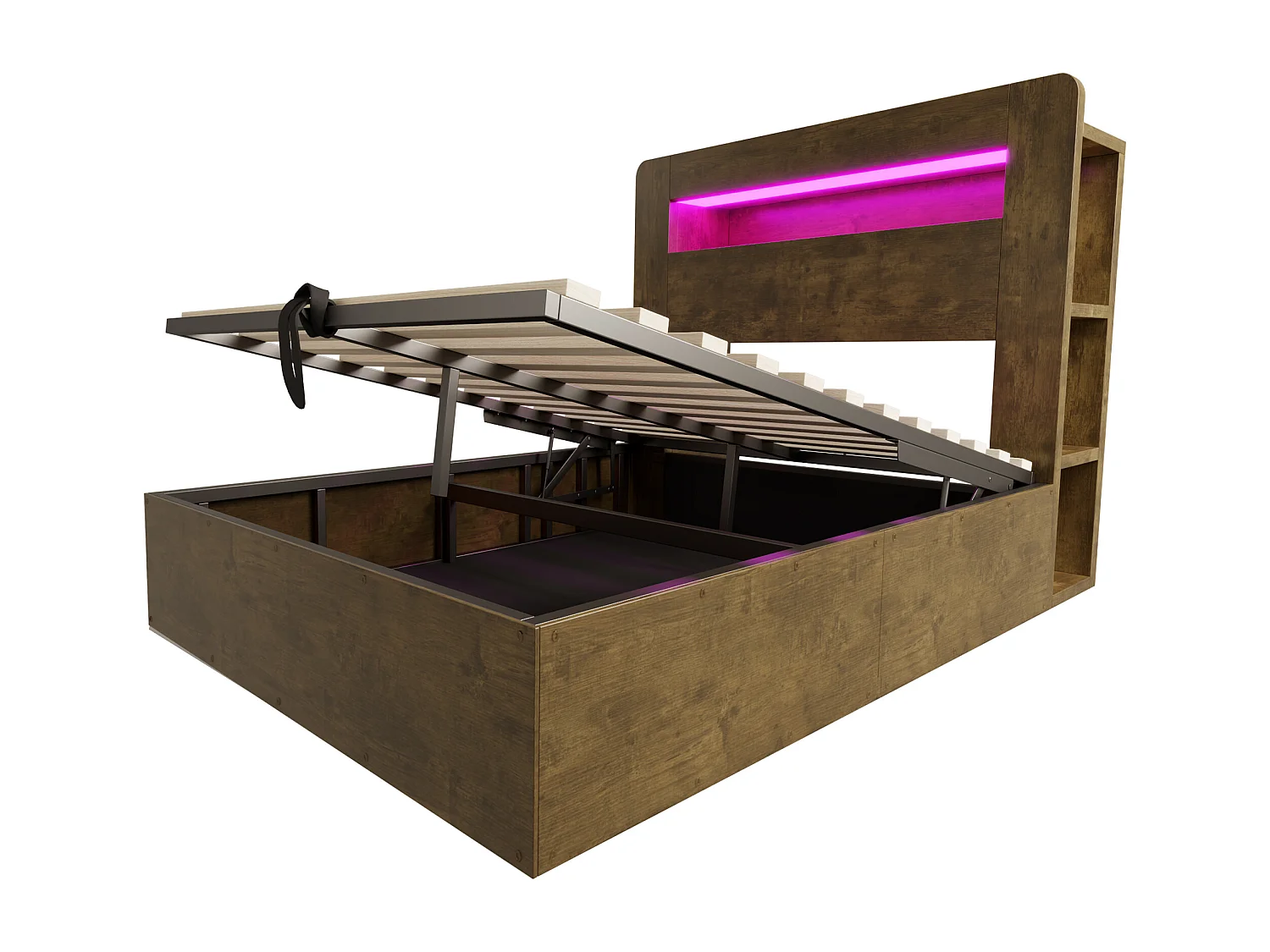 Hydraulisches Stauraumbett aus Holz – 140 x 200 cm – mit Stauraum im Kopfteil, LED-Beleuchtung und Steckdosen – Natur
