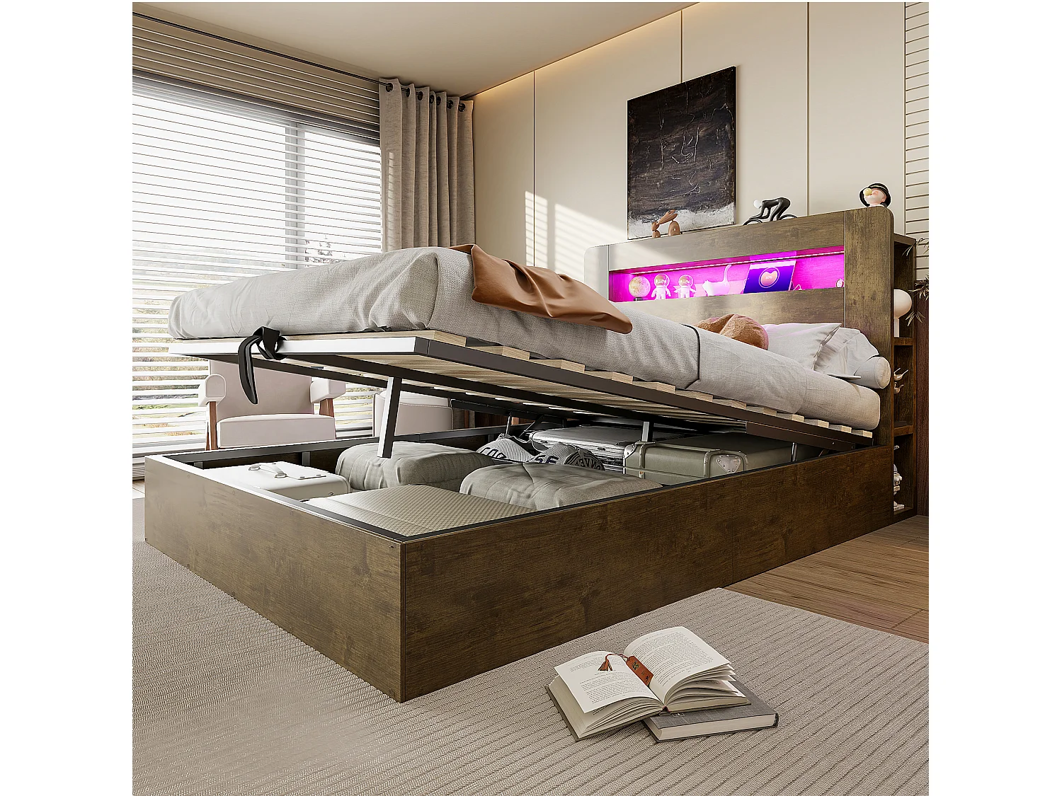 Hydraulisches Stauraumbett aus Holz – 140 x 200 cm – mit Stauraum im Kopfteil, LED-Beleuchtung und Steckdosen – Natur