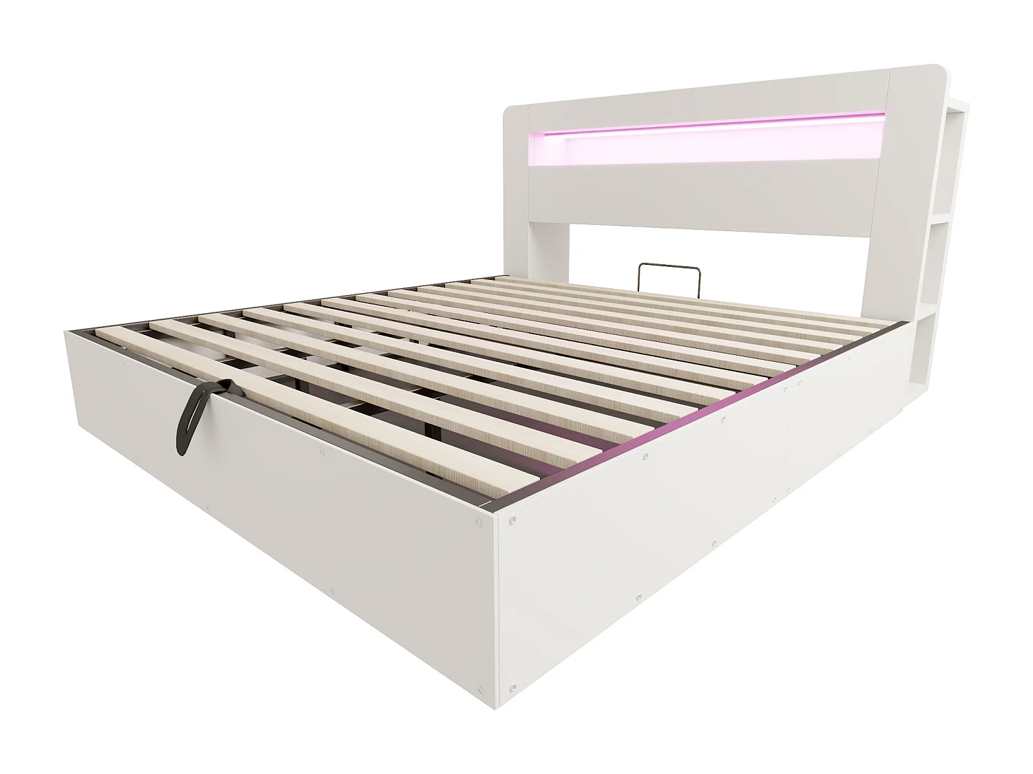 Hydraulisches Stauraumbett aus Holz – 180 x 200 cm – mit Stauraum im Kopfteil, LED-Beleuchtung und Steckdosen – weiß