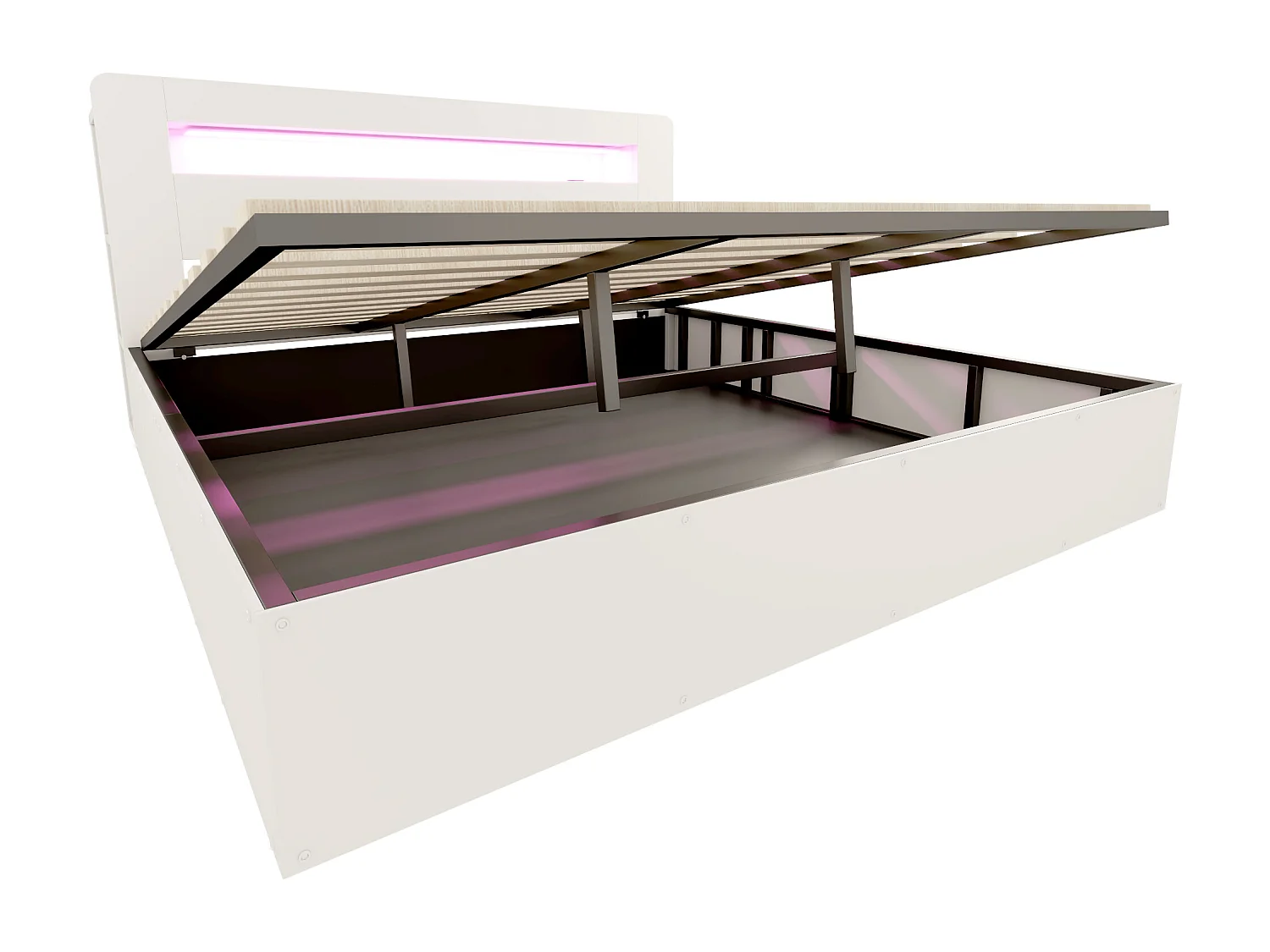 Hydraulisches Stauraumbett aus Holz – 180 x 200 cm – mit Stauraum im Kopfteil, LED-Beleuchtung und Steckdosen – weiß