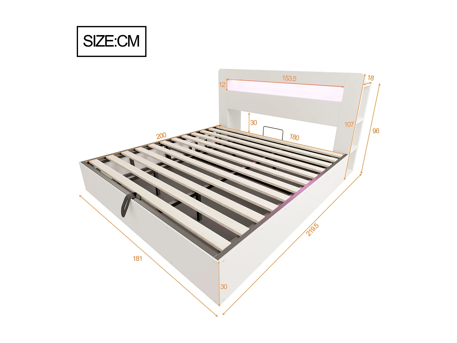 Hydraulisches Stauraumbett aus Holz – 180 x 200 cm – mit Stauraum im Kopfteil, LED-Beleuchtung und Steckdosen – weiß