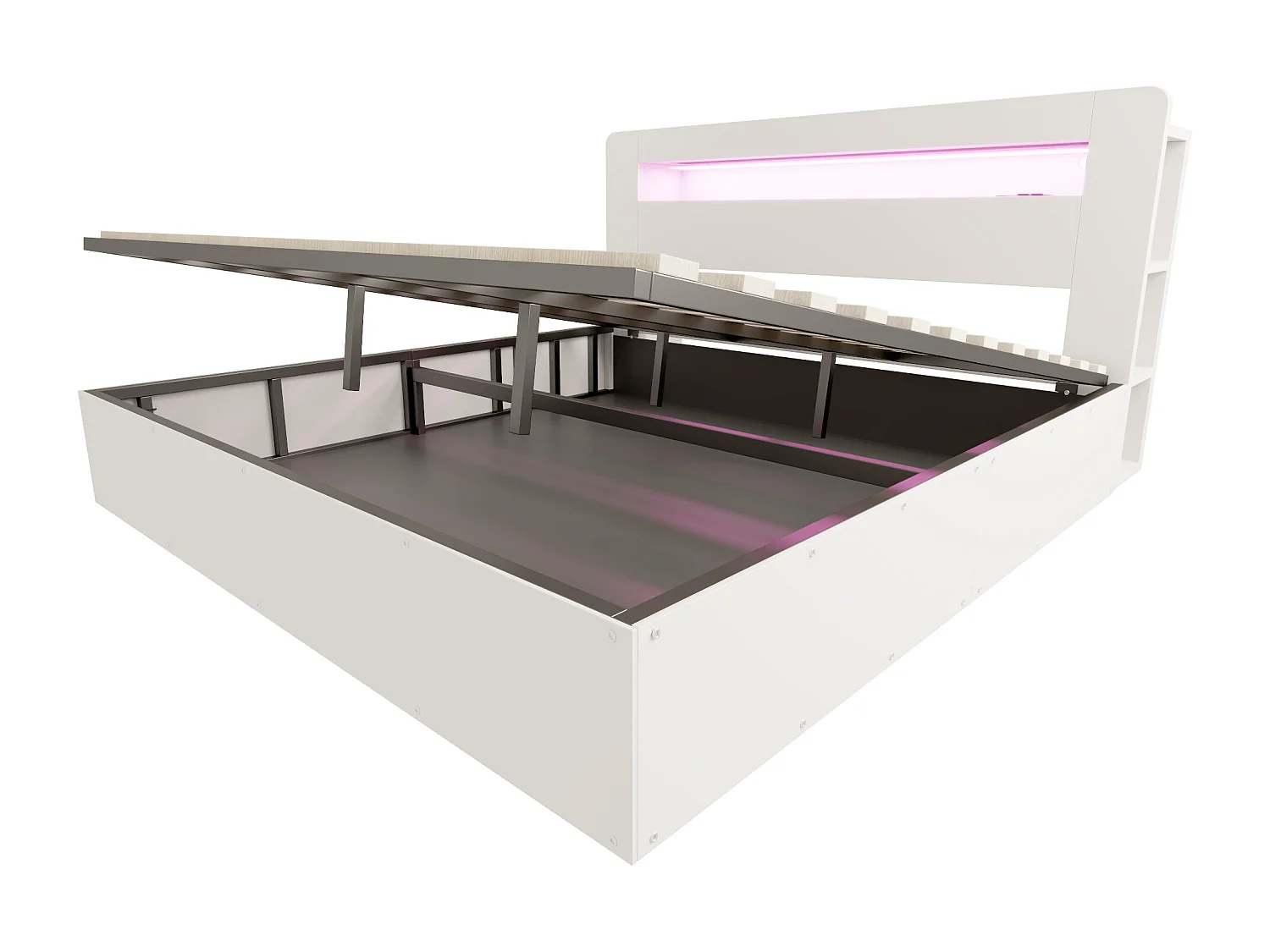 Hydraulisches Stauraumbett aus Holz – 180 x 200 cm – mit Stauraum im Kopfteil, LED-Beleuchtung und Steckdosen – weiß