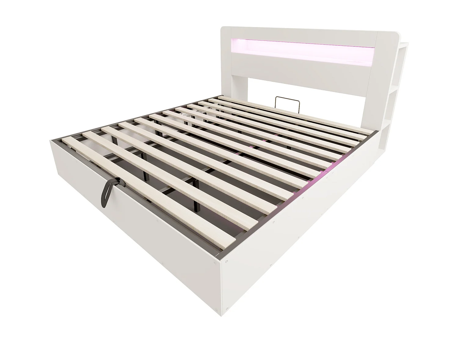 Hydraulisches Stauraumbett aus Holz – 180 x 200 cm – mit Stauraum im Kopfteil, LED-Beleuchtung und Steckdosen – weiß