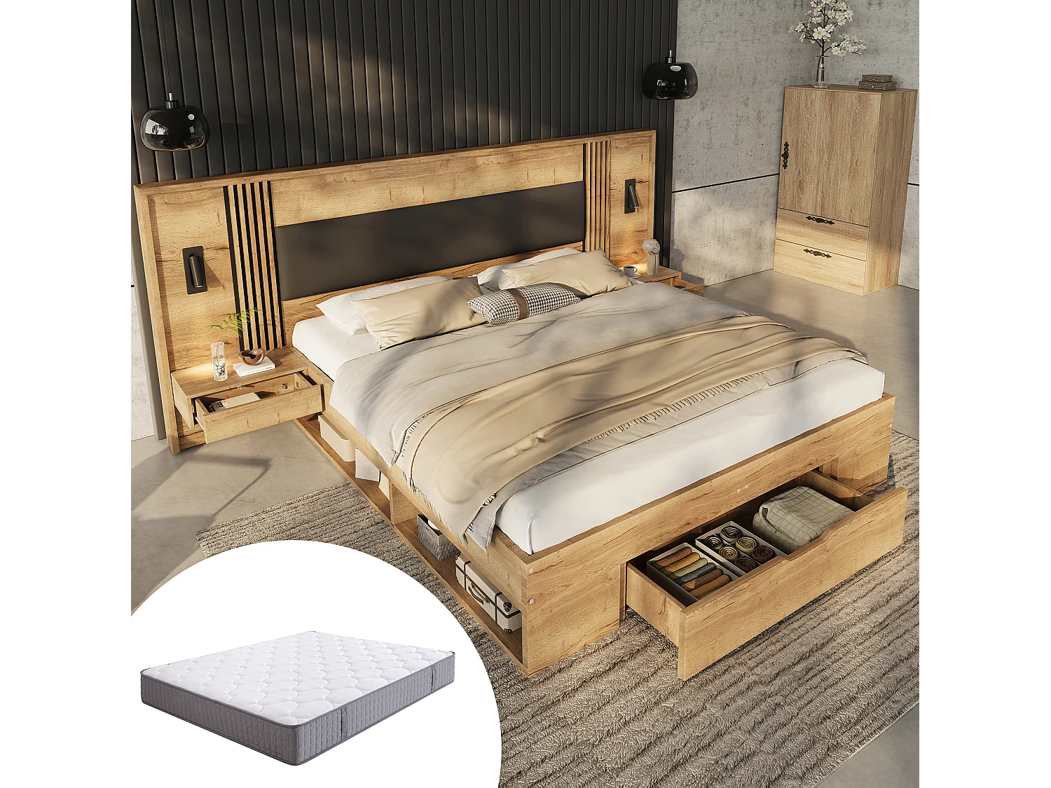 Lit coffre double - 160 x 200 cm - avec lampe de lecture + 2 tables de chevet + tiroirs - bois - naturel（avec matelas)