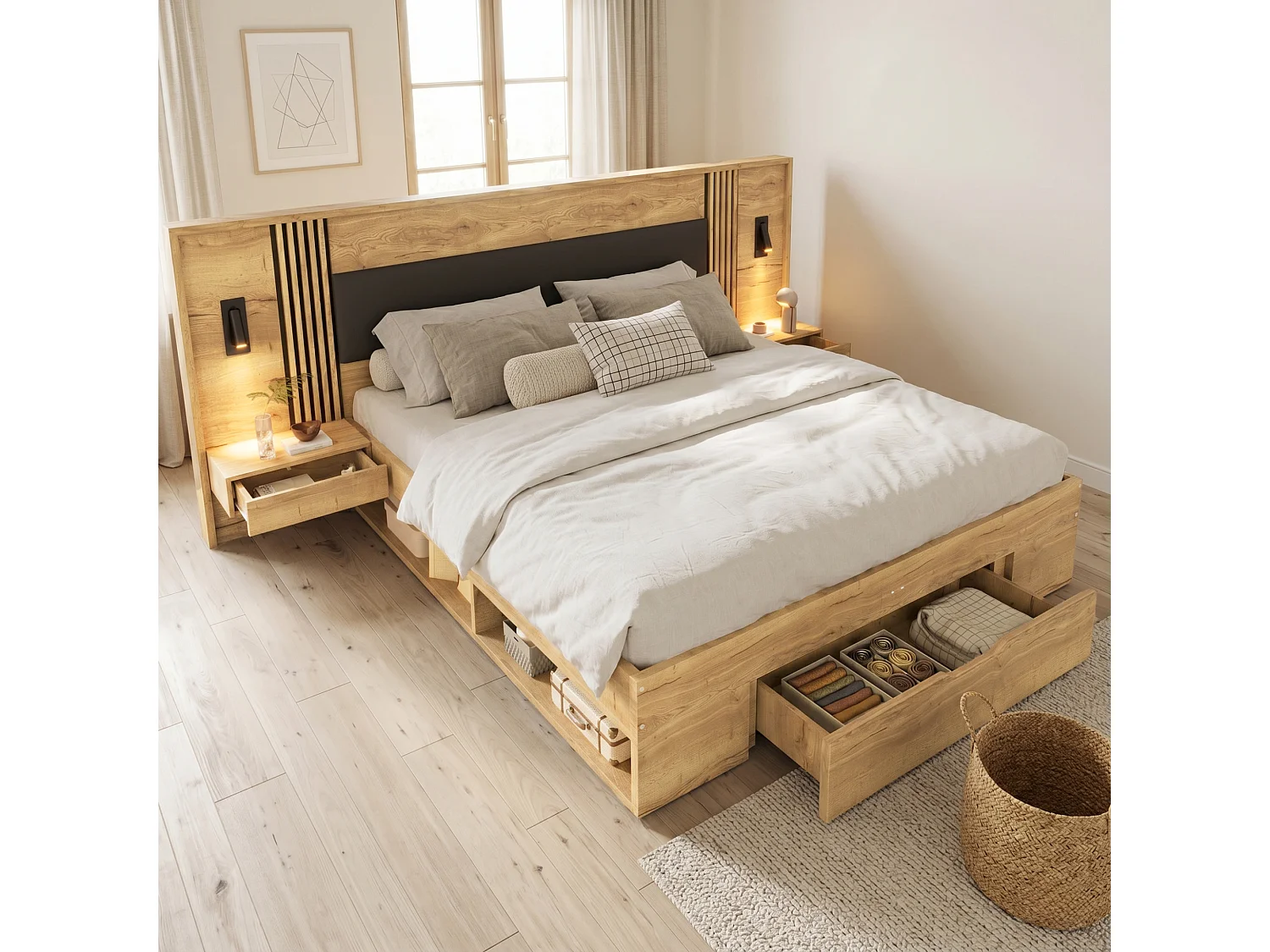 Lit coffre double - 160 x 200 cm - avec lampe de lecture + 2 tables de chevet + tiroirs - bois - naturel（avec matelas)