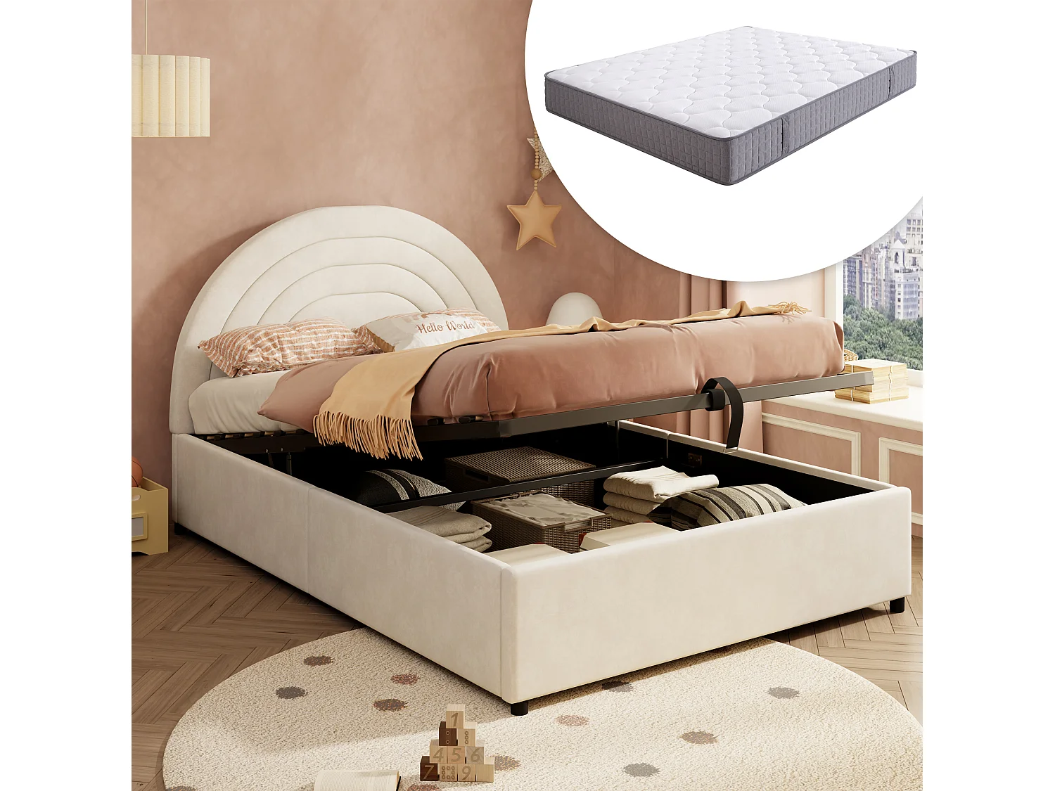 Lit coffre rembourré enfant - 140 x 200 cm - avec sommier à lattes + tête de lit - velours - beige(avec matelas)