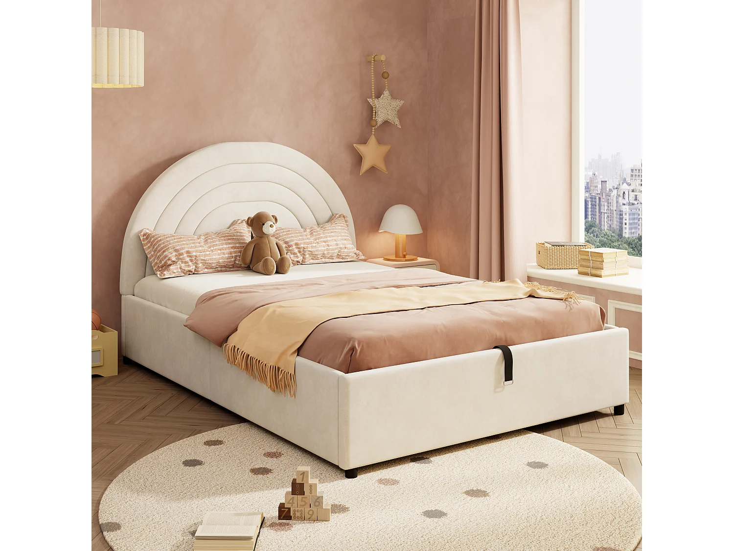Lit coffre rembourré enfant - 140 x 200 cm - avec sommier à lattes + tête de lit - velours - beige(avec matelas)