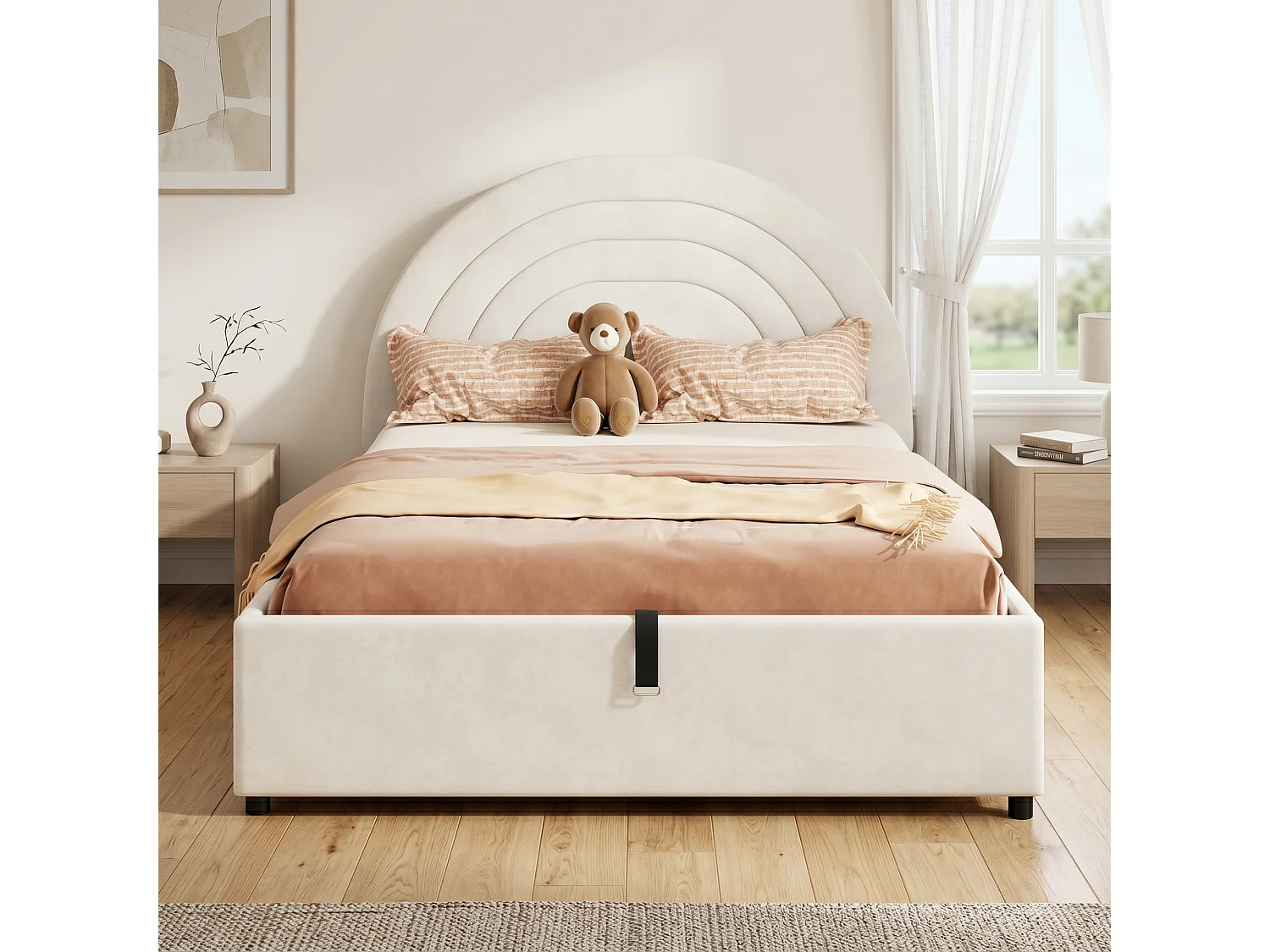 Lit coffre rembourré enfant - 140 x 200 cm - avec sommier à lattes + tête de lit - velours - beige(avec matelas)