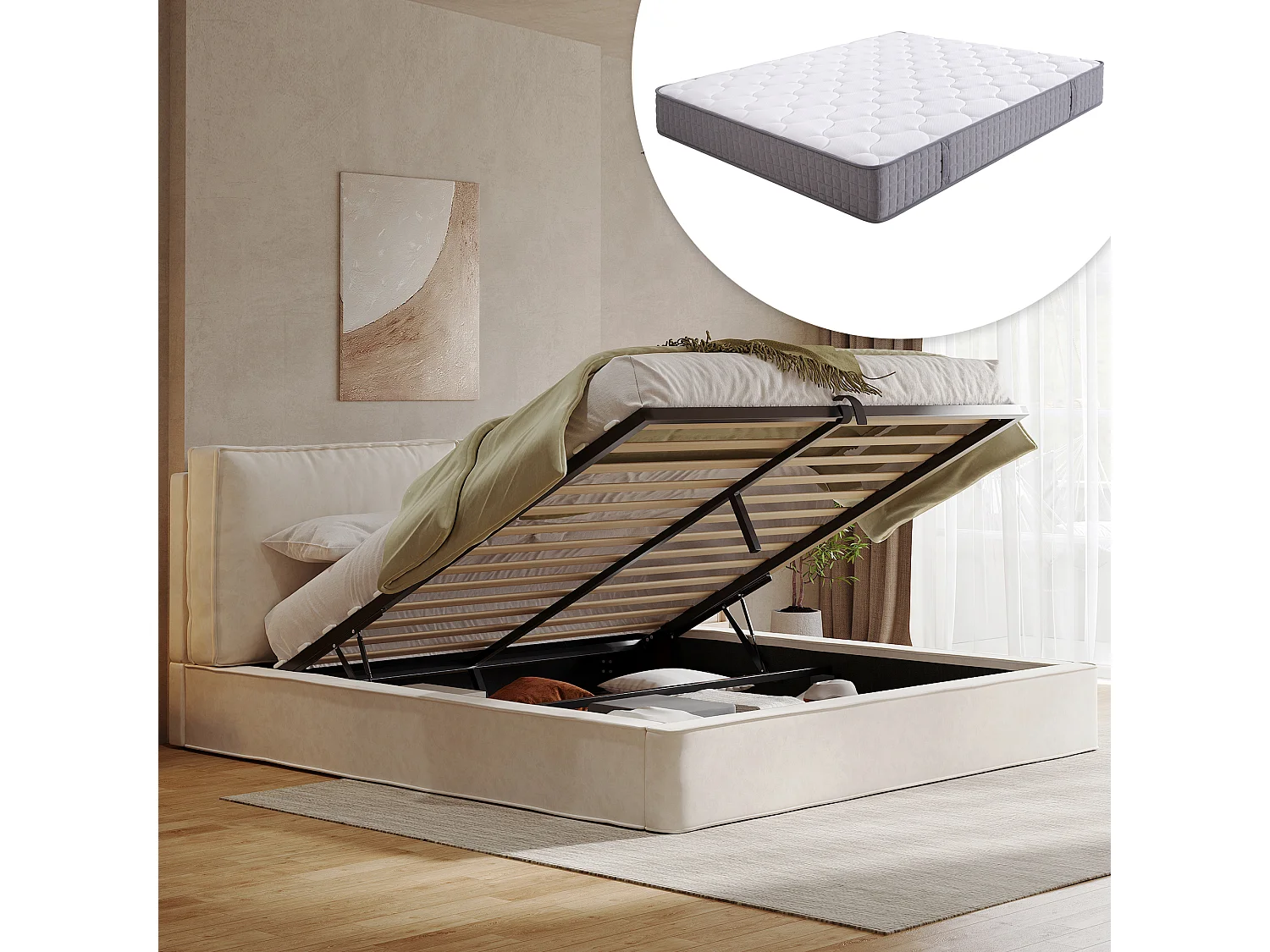 Gepolstertes Doppelbett mit Stauraum - 180 x 200 cm - mit Lattenrost + Kopfteil - Chenille - beige (mit Matratze)