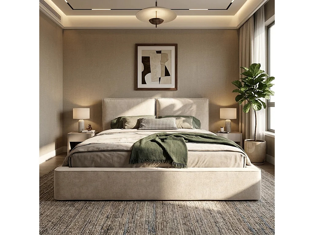 Gepolstertes Doppelbett mit Stauraum - 180 x 200 cm - mit Lattenrost + Kopfteil - Chenille - beige (mit Matratze)