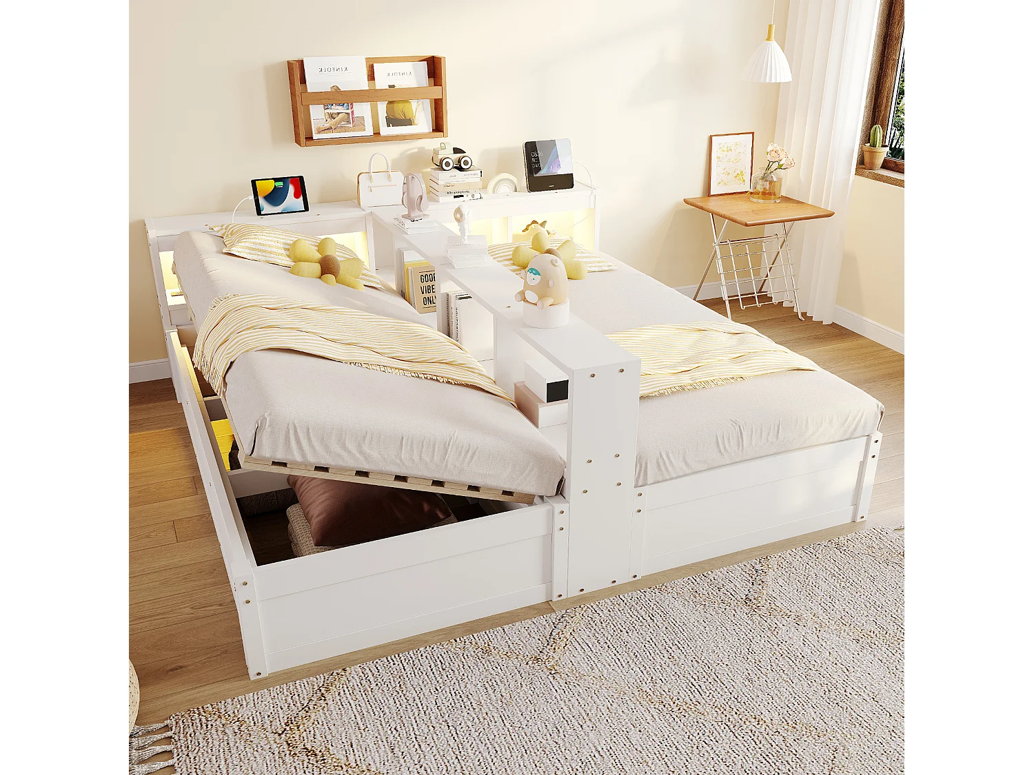 Lit coffre hydraulique 2 places enfant - 90/180 x 200 cm - avec étagères de rangement + Leds + prise - MDF - blanc
