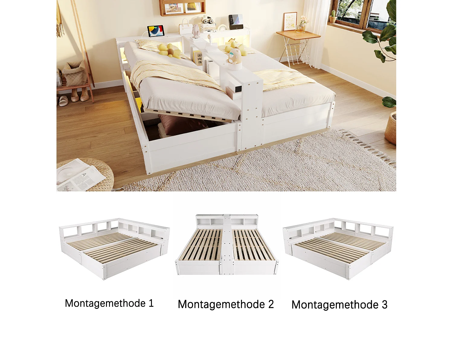 Lit coffre hydraulique 2 places enfant - 90/180 x 200 cm - avec étagères de rangement + Leds + prise - MDF - blanc