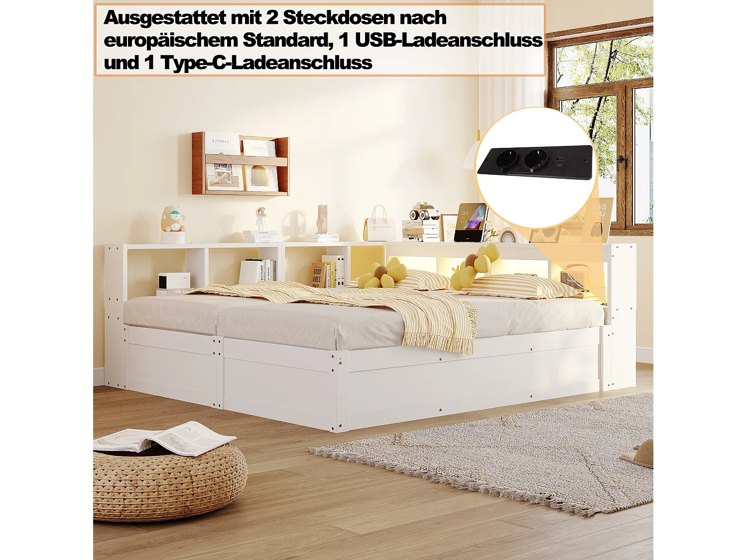 Lit coffre hydraulique 2 places enfant - 90/180 x 200 cm - avec étagères de rangement + Leds + prise - MDF - blanc