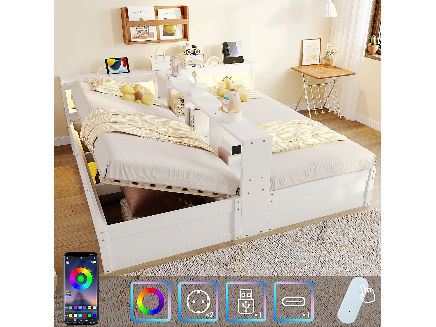Lit coffre hydraulique 2 places enfant - 90/180 x 200 cm - avec étagères de rangement + Leds + prise - MDF - blanc