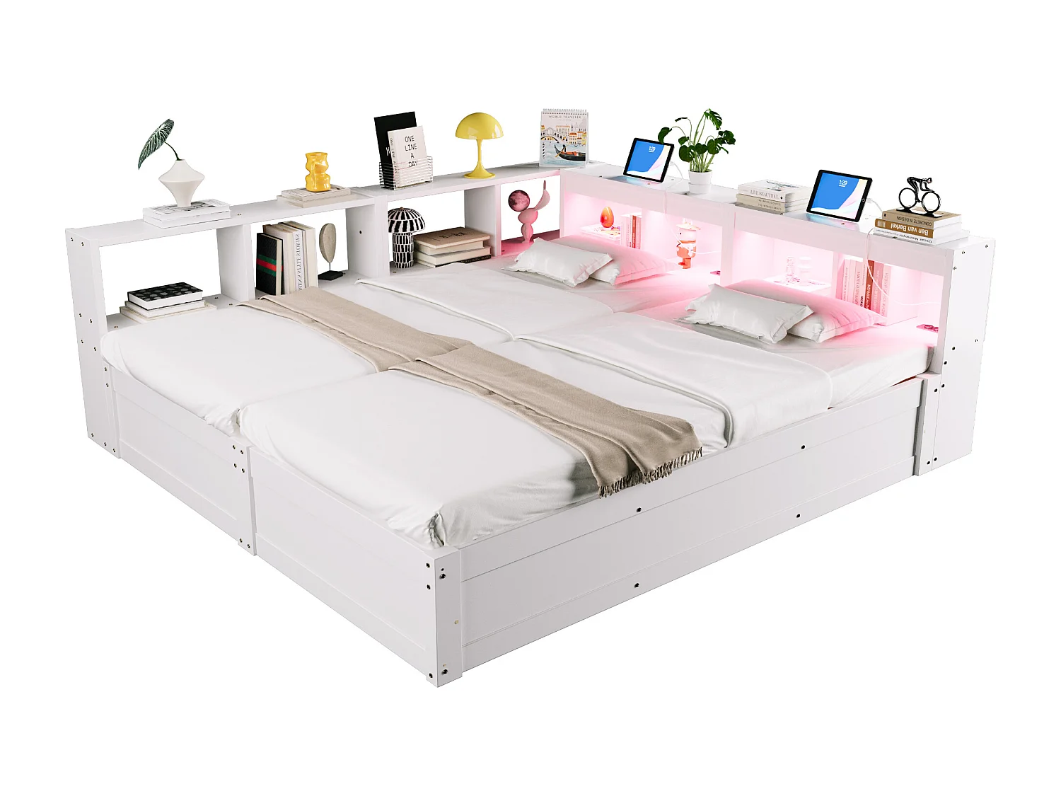 Lit coffre hydraulique 2 places enfant - 90/180 x 200 cm - avec étagères de rangement + Leds + prise - MDF - blanc