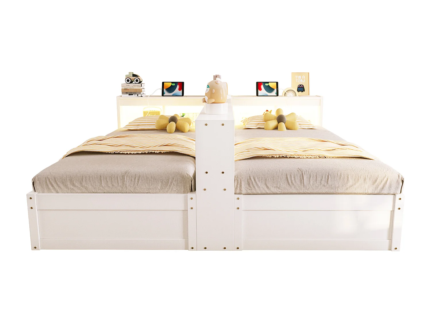 Lit coffre hydraulique 2 places enfant - 90/180 x 200 cm - avec étagères de rangement + Leds + prise - MDF - blanc