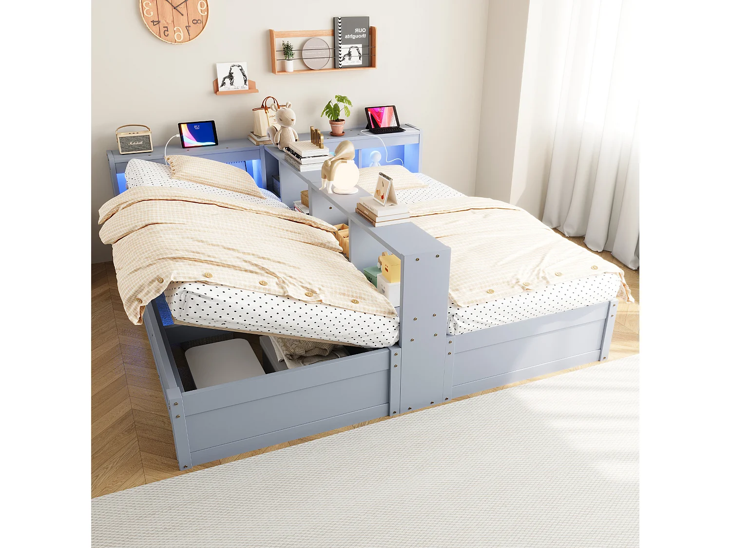 Lit coffre hydraulique 2 places enfant - 90/180 x 200 cm - avec étagères de rangement + Leds + prise - MDF - gris