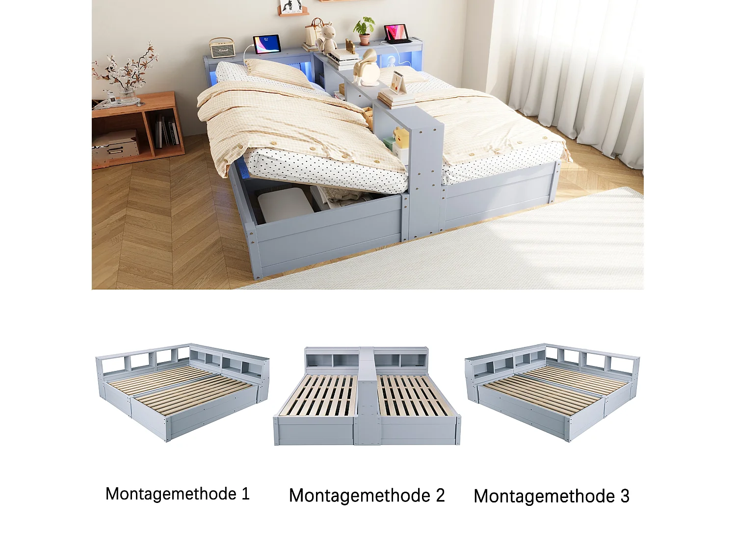 Lit coffre hydraulique 2 places enfant - 90/180 x 200 cm - avec étagères de rangement + Leds + prise - MDF - gris