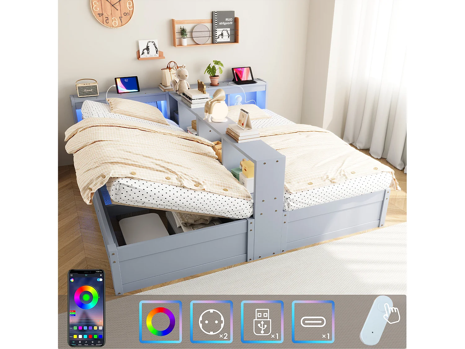 Lit coffre hydraulique 2 places enfant - 90/180 x 200 cm - avec étagères de rangement + Leds + prise - MDF - gris