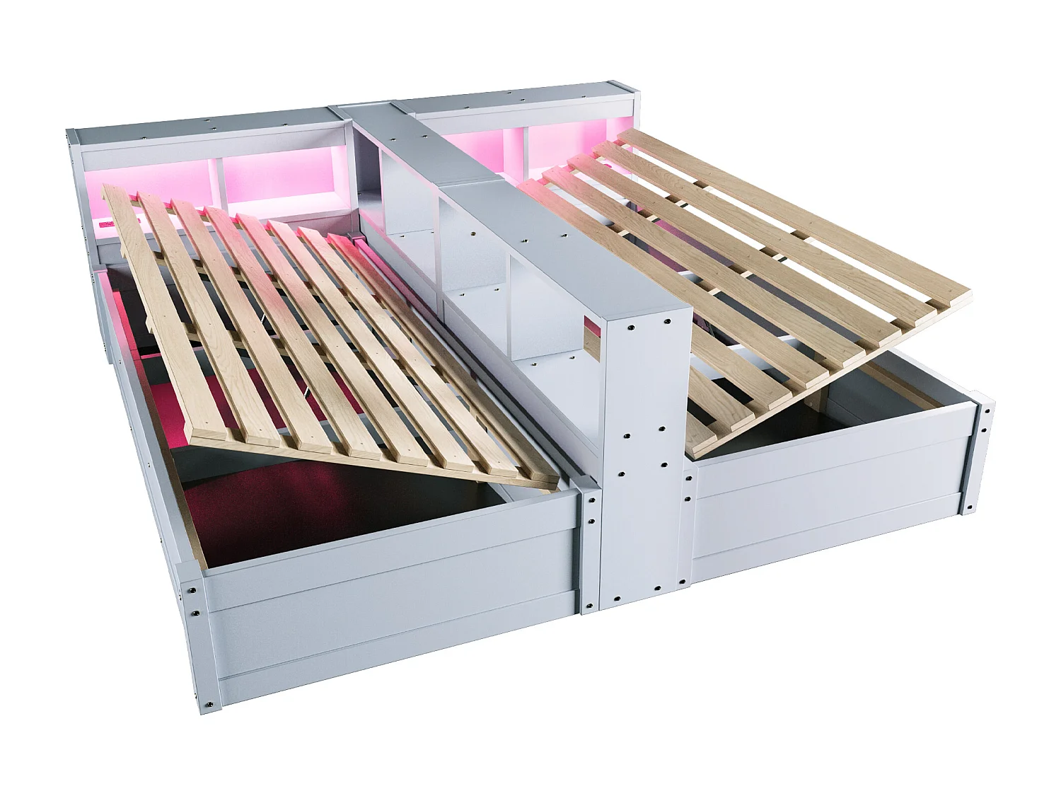 Lit coffre hydraulique 2 places enfant - 90/180 x 200 cm - avec étagères de rangement + Leds + prise - MDF - gris