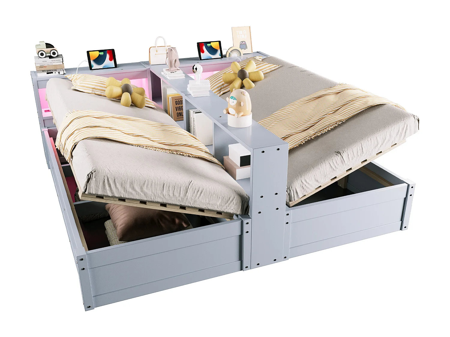 Lit coffre hydraulique 2 places enfant - 90/180 x 200 cm - avec étagères de rangement + Leds + prise - MDF - gris
