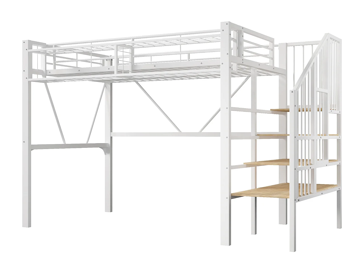 Metalen hoogslaper - 90 x 200 cm - met metalen gaas + LED-verlichting + opbergladder - MDF + metaal - wit