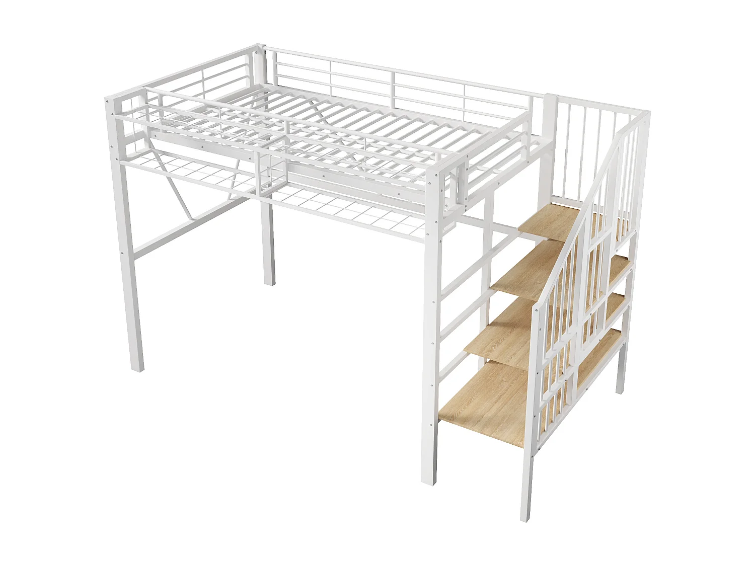 Metalen hoogslaper - 90 x 200 cm - met metalen gaas + LED-verlichting + opbergladder - MDF + metaal - wit