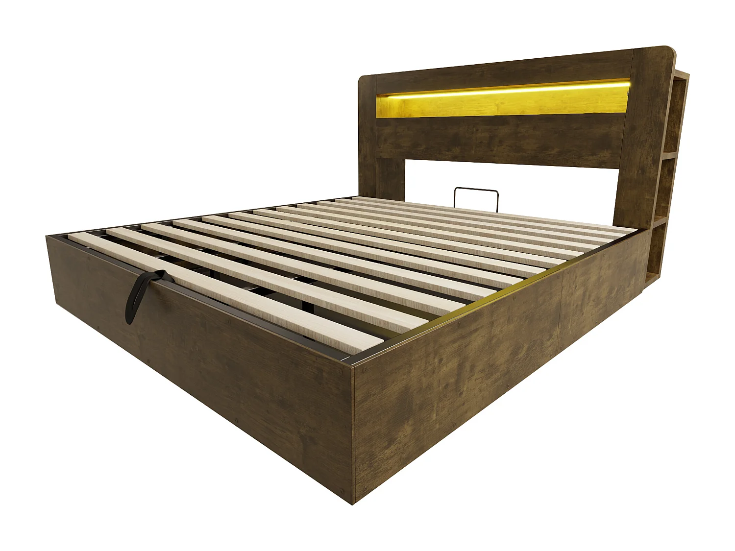 Hydraulisches Stauraumbett aus Holz – 180 x 200 cm – mit Stauraum im Kopfteil, LED-Beleuchtung und Steckdosen – Natur