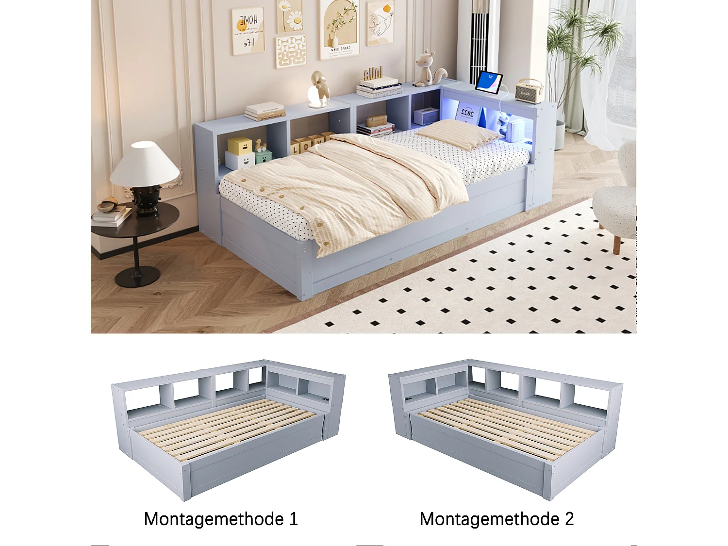 Hydraulisk børneseng med opbevaring - 90 x 200 cm - dagseng med opbevaringshylder + LED'er + stikkontakt - MDF - grå