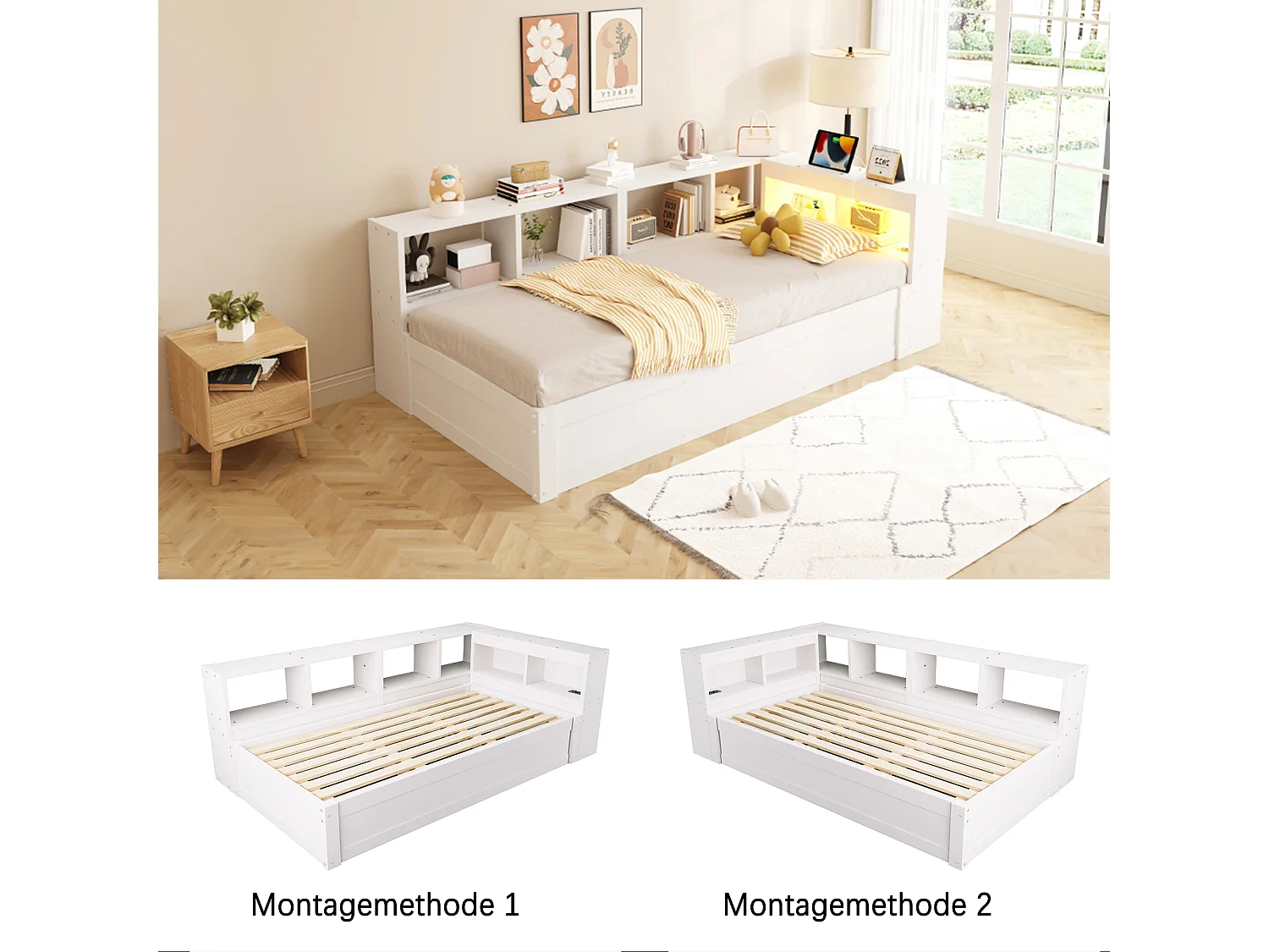 Hydraulisk børneseng med opbevaring - 90 x 200 cm - dagseng med opbevaringshylder + LED'er + stikkontakt - MDF - hvid
