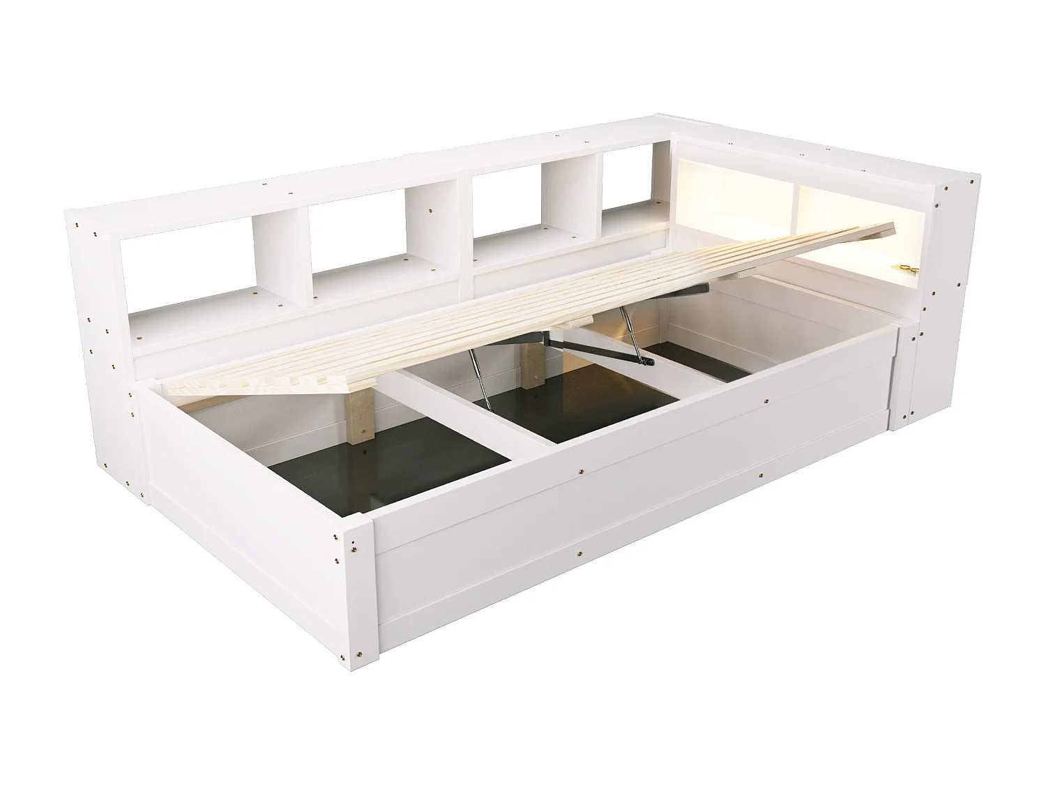 Hydraulisk børneseng med opbevaring - 90 x 200 cm - dagseng med opbevaringshylder + LED'er + stikkontakt - MDF - hvid