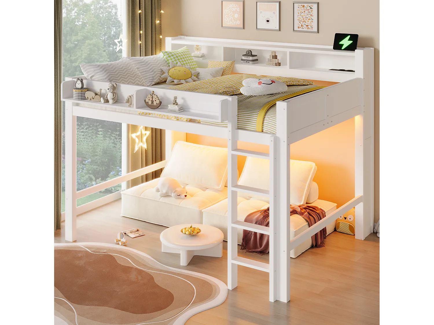 Hochbett für Kinder aus Holz – 140 x 200 cm – mit Staufächern, LED-Beleuchtung und USB-Anschluss – MDF – weiß