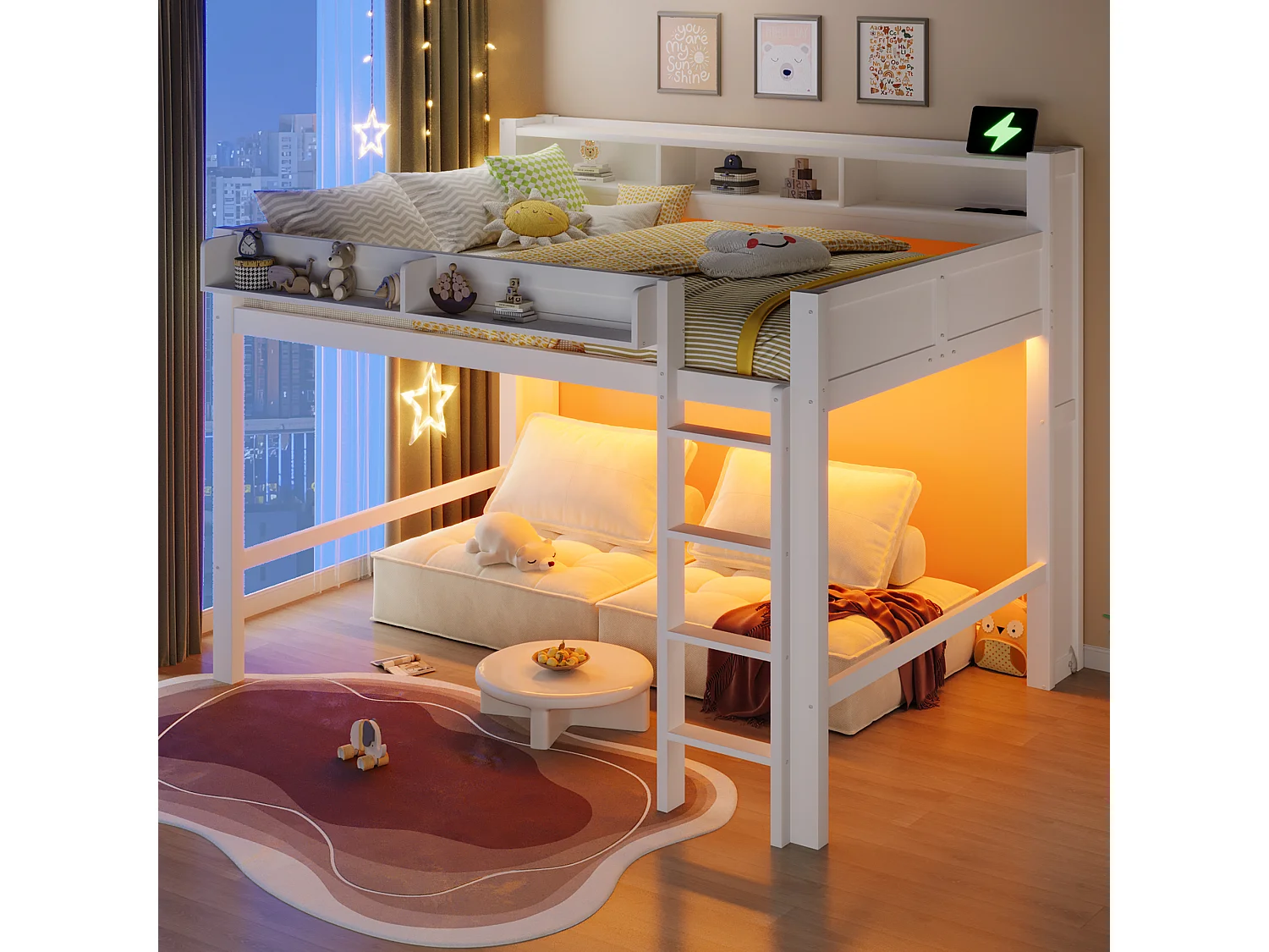 Hochbett für Kinder aus Holz – 140 x 200 cm – mit Staufächern, LED-Beleuchtung und USB-Anschluss – MDF – weiß