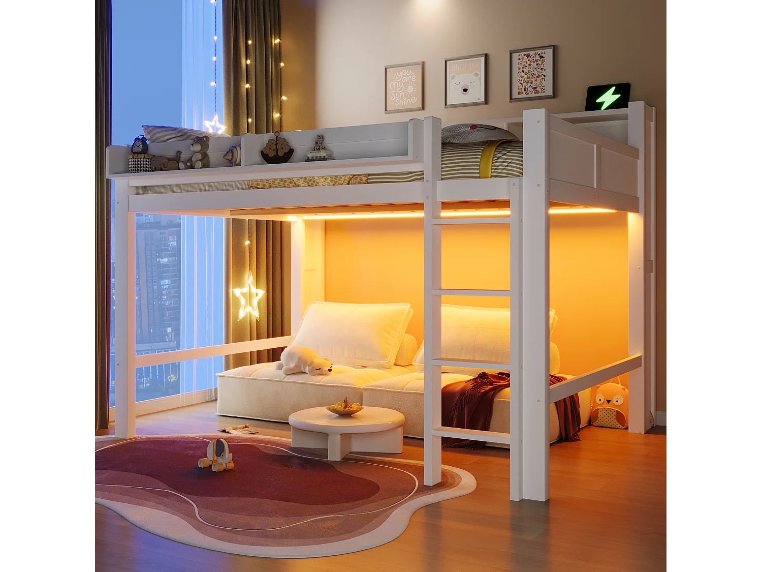 Hochbett für Kinder aus Holz – 140 x 200 cm – mit Staufächern, LED-Beleuchtung und USB-Anschluss – MDF – weiß