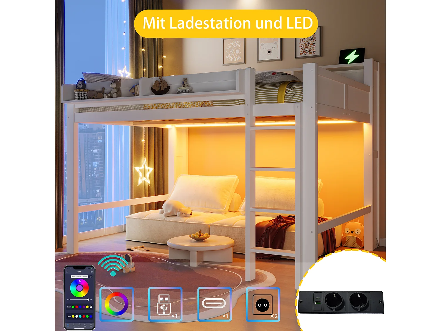 Hochbett für Kinder aus Holz – 140 x 200 cm – mit Staufächern, LED-Beleuchtung und USB-Anschluss – MDF – weiß