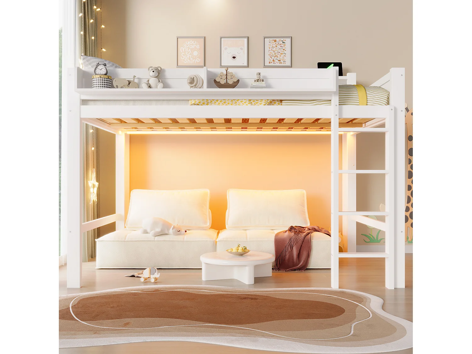 Hochbett für Kinder aus Holz – 140 x 200 cm – mit Staufächern, LED-Beleuchtung und USB-Anschluss – MDF – weiß