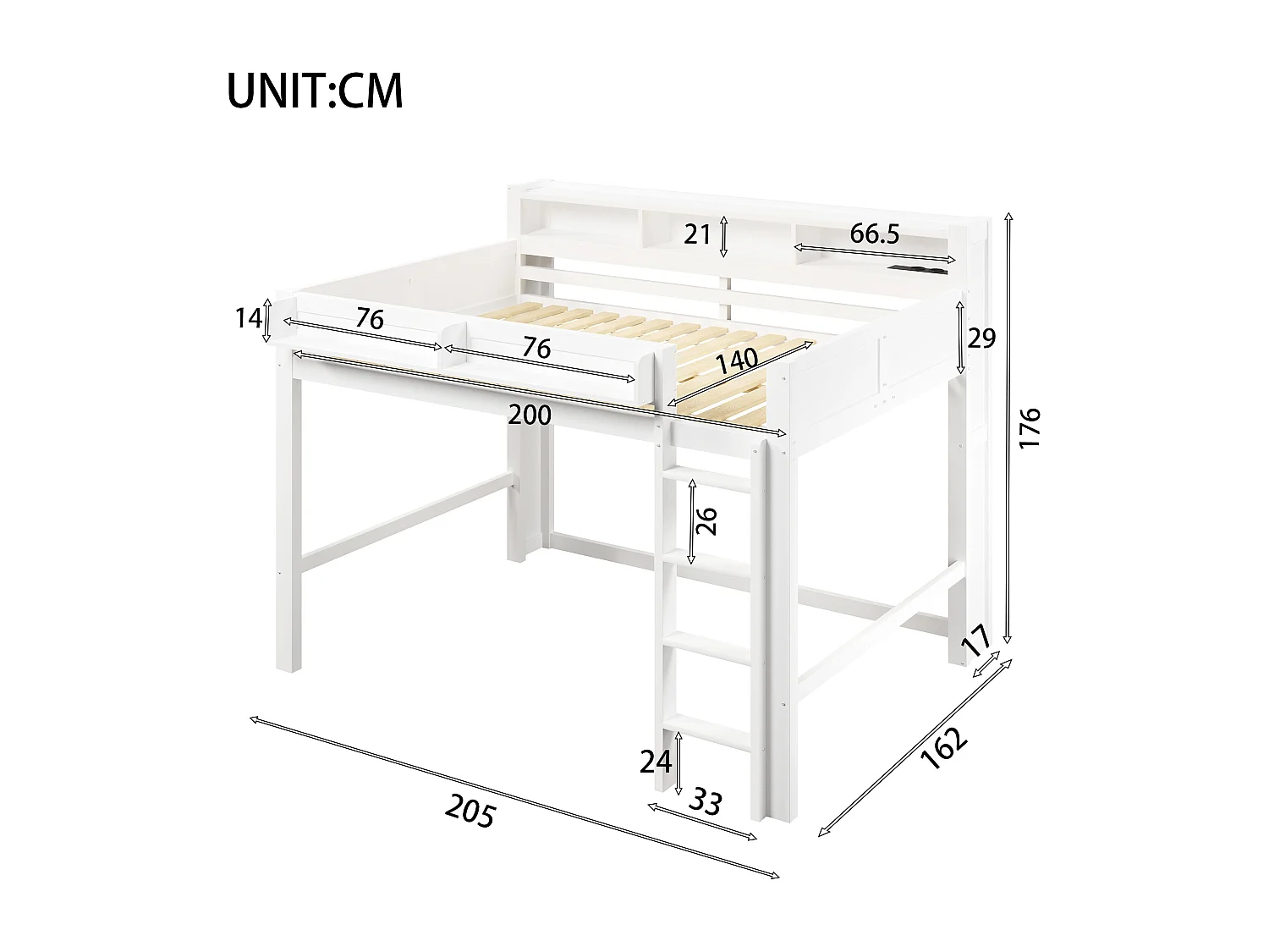Hochbett für Kinder aus Holz – 140 x 200 cm – mit Staufächern, LED-Beleuchtung und USB-Anschluss – MDF – weiß